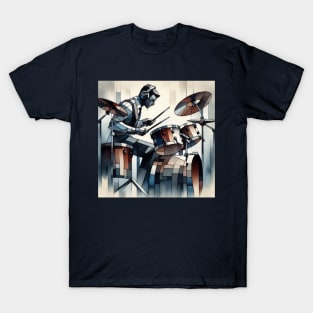 Rhythmic Facets: The Cubist Drummer T-Shirt